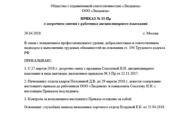 Отмена дисциплинарного взыскания в виде замечания согласно ТК РФ